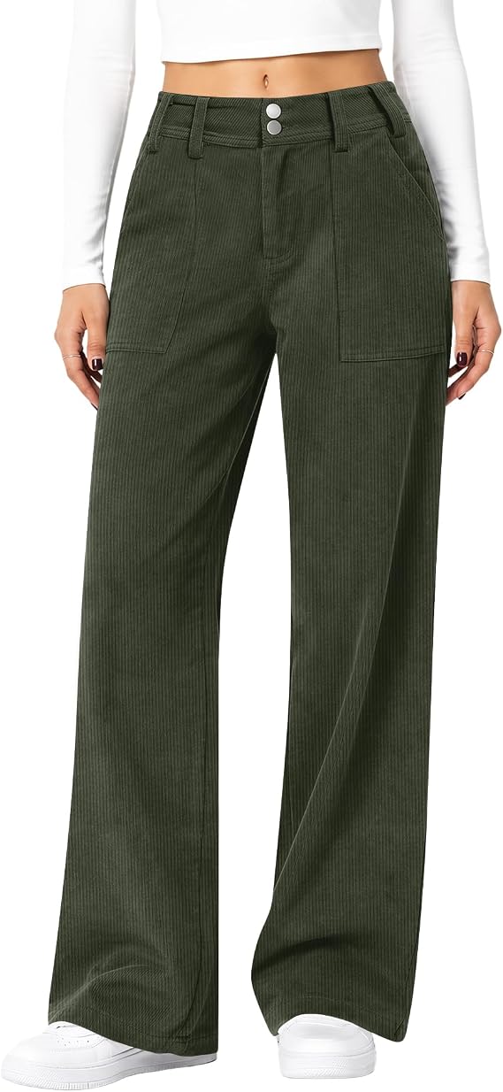 Women's Corduroy Pants Wide Leg Mid Rise