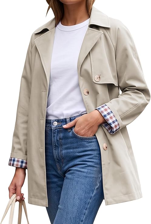 Women's Trench Coat Lightweight Jacket Plaid Lining