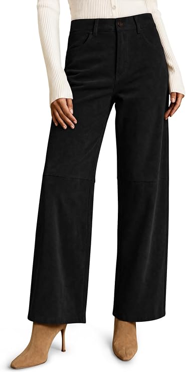 Women's Faux Suede Pants High Waisted Straight Leg Casual Trousers