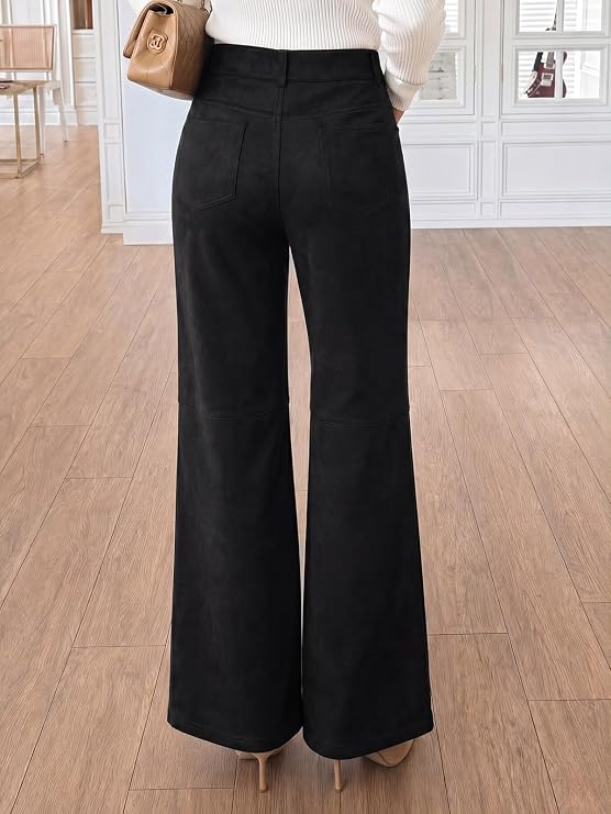 Women's Faux Suede Pants High Waisted Straight Leg Casual Trousers