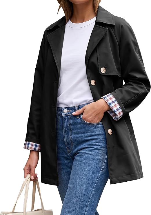 Women's Trench Coat Lightweight Jacket Plaid Lining
