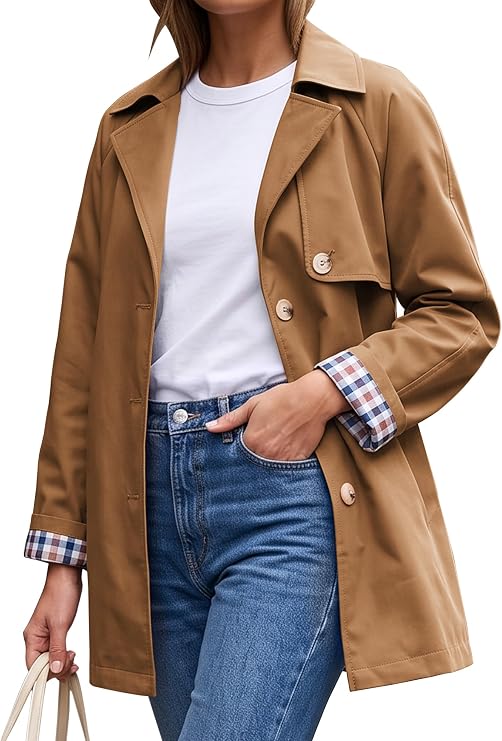 Women's Trench Coat Lightweight Jacket Plaid Lining