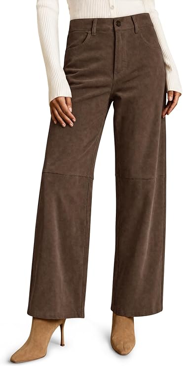 Women's Faux Suede Pants High Waisted Straight Leg Casual Trousers