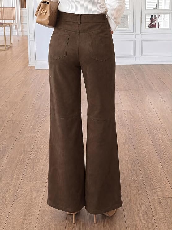 Women's Faux Suede Pants High Waisted Straight Leg Casual Trousers