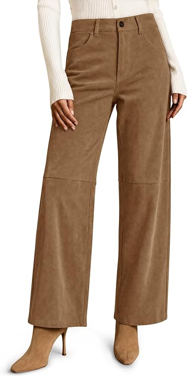 Women's Faux Suede Pants High Waisted Straight Leg Casual Trousers