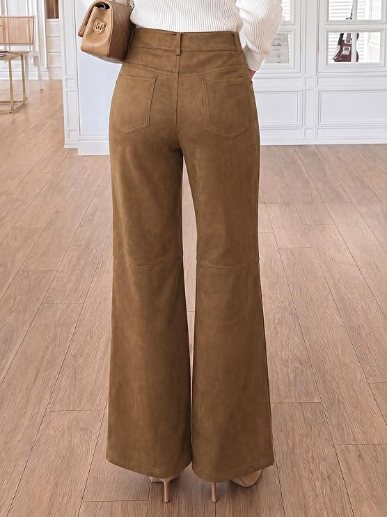 Women's Faux Suede Pants High Waisted Straight Leg Casual Trousers
