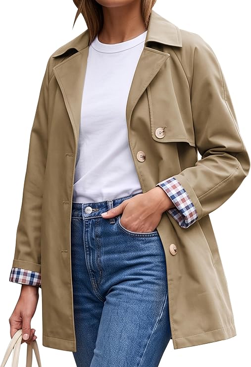 Women's Trench Coat Lightweight Jacket Plaid Lining